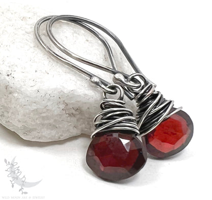 Dainty Garnet Earrings · Sterling Silver Dangle Earrings