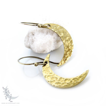 Golden Moon Earrings · Handmade Hammered Brass Crescent Moon Dangle Earrings