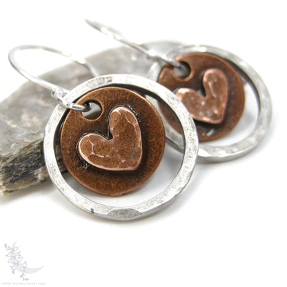Heart Earrings · Mixed Metal Sterling Silver & Copper Hammered Valentine Rustic Dangle Earrings