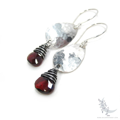 Garnet Earrings · Hammered Teardrop Sterling Silver Dangle Earrings