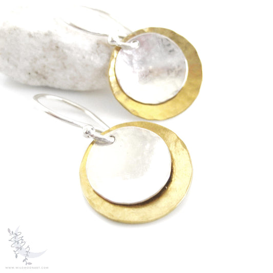 Mixed Metal Brass & Sterling Silver Earrings · Hand Hammered Coin Dangle Earrings (m)