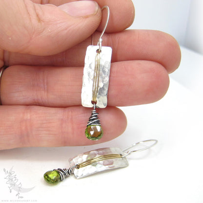 Peridot Earrings · Hammered Sterling Silver & Brass Mixed Metal Dangle Earrings
