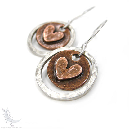 Heart Earrings · Mixed Metal Sterling Silver & Copper Hammered Valentine Rustic Dangle Earrings