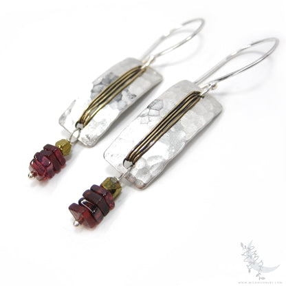 Garnet Earrings · Hammered Mixed Metal Sterling Silver & Gold Brass Rectangle Dangle Earrings