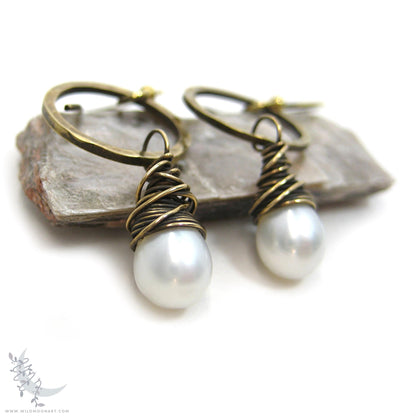 Pearl Earrings · Freshwater Pearl & Hand Hammered Brass Dangle Earrings