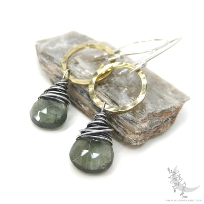 Moss Aquamarine Earrings · Mixed Metal Hammered Sterling Silver & Brass Dangle Earrings