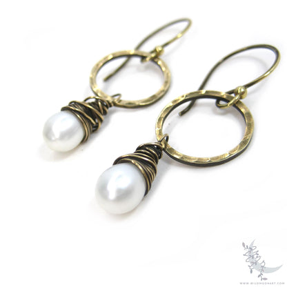 Pearl Earrings · Freshwater Pearl & Hand Hammered Brass Dangle Earrings
