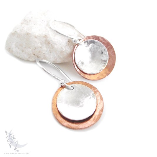 Mixed Metal Copper & Sterling Silver Earrings · Hand Hammered Coin Dangle Earrings (s)