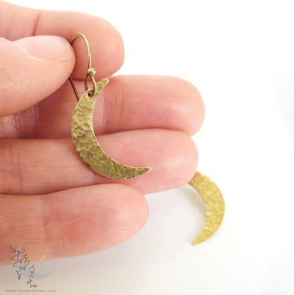 Golden Moon Earrings · Handmade Hammered Brass Crescent Moon Dangle Earrings
