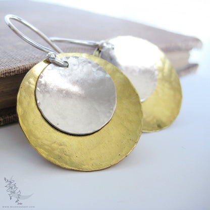 Mixed Metal Brass & Sterling Silver Earrings · Hand Hammered Coin Dangle Earrings (lg)