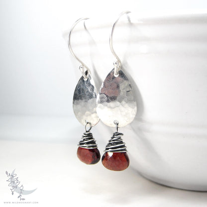 Garnet Earrings · Hammered Teardrop Sterling Silver Dangle Earrings