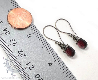 Dainty Garnet Earrings · Sterling Silver Dangle Earrings