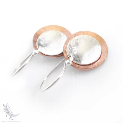 Mixed Metal Copper & Sterling Silver Earrings · Hand Hammered Coin Dangle Earrings (s)