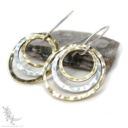 Mixed Metal Brass & Sterling Silver Earrings · Hammered Circle Dangle Earrings
