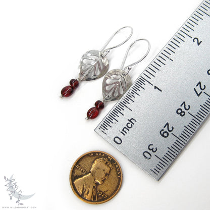 Garnet Leaf Earrings, Sterling Silver Hammered Dangle Earrings