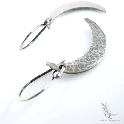 Silver Moon Earrings · Sterling Silver Handmade Hammered Crescent Moon Dangle Earrings