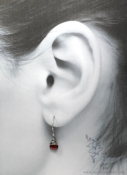 Dainty Garnet Earrings · Sterling Silver Dangle Earrings