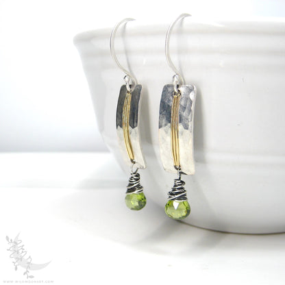Peridot Earrings · Hammered Sterling Silver & Brass Mixed Metal Dangle Earrings