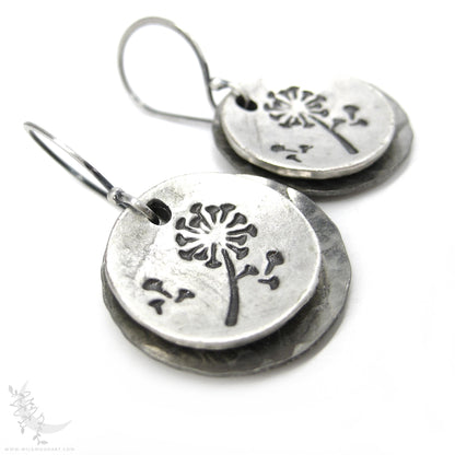 Dandelion Earrings · Hand Hammered Sterling Silver Rustic Flower Dangle Earrings