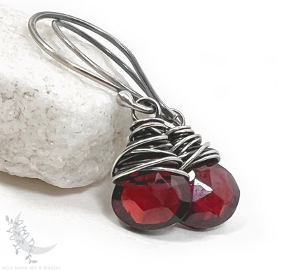 Dainty Garnet Earrings · Sterling Silver Dangle Earrings