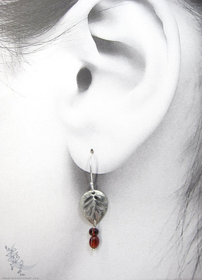 Garnet Leaf Earrings, Sterling Silver Hammered Dangle Earrings