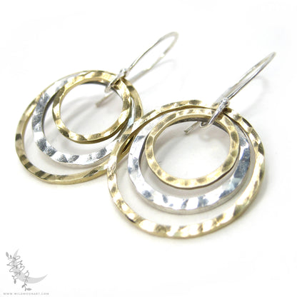 Mixed Metal Brass & Sterling Silver Earrings · Hammered Circle Dangle Earrings