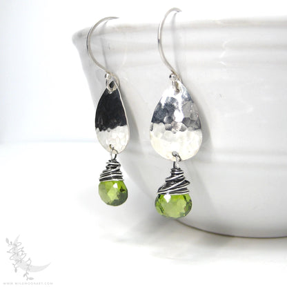 Peridot Earrings · Hammered Teardrop Sterling Silver Dangle Earrings