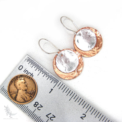 Mixed Metal Copper & Sterling Silver Earrings · Hand Hammered Coin Dangle Earrings (m)