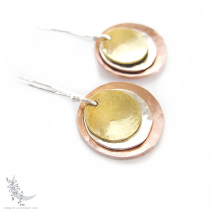 Mixed Metal Copper, Brass & Sterling Silver Earrings · Tri Tone Hammered Dangle Earrings