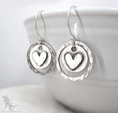 Heart Earrings · Hand Hammered Sterling Silver Rustic Valentine Dangle Earrings