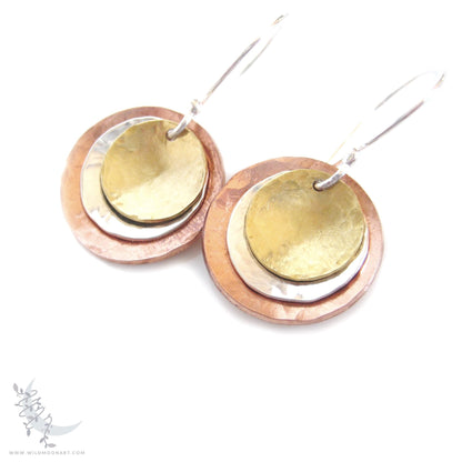 Mixed Metal Copper, Brass & Sterling Silver Earrings · Tri Tone Hammered Dangle Earrings
