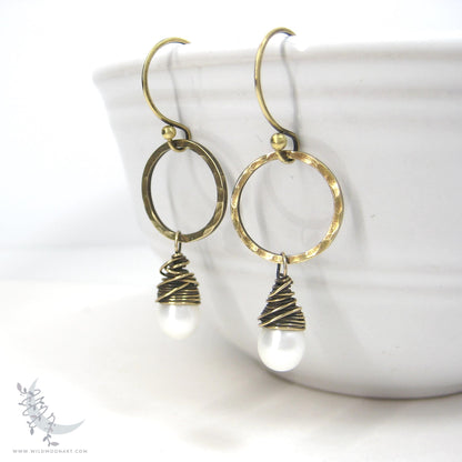 Pearl Earrings · Freshwater Pearl & Hand Hammered Brass Dangle Earrings