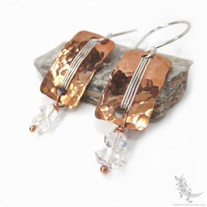 Herkimer Diamond Copper Earrings · Hammered Mixed Metal Sterling Silver Rectangle Dangle