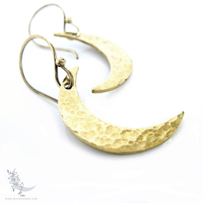 Golden Moon Earrings · Handmade Hammered Brass Crescent Moon Dangle Earrings