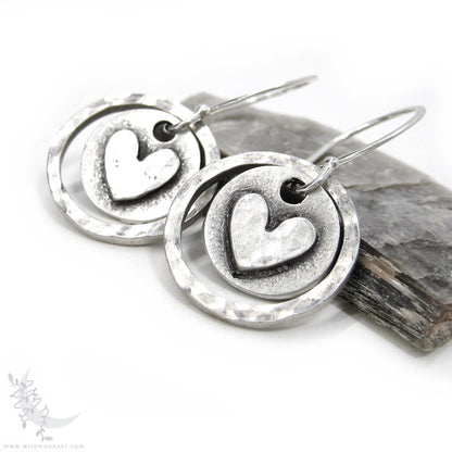 Heart Earrings · Hand Hammered Sterling Silver Rustic Valentine Dangle Earrings