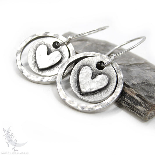 Heart Earrings · Hand Hammered Sterling Silver Rustic Valentine Dangle Earrings