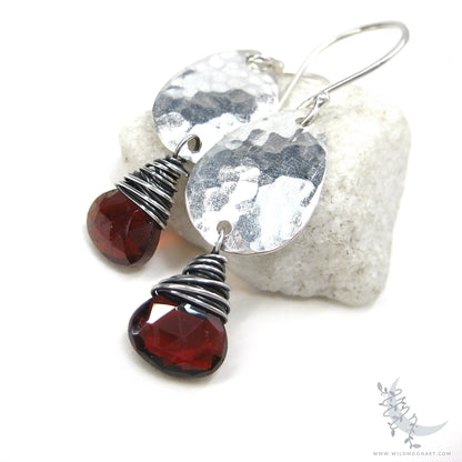 Garnet Earrings · Hammered Teardrop Sterling Silver Dangle Earrings