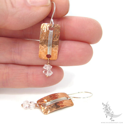 Herkimer Diamond Copper Earrings · Hammered Mixed Metal Sterling Silver Rectangle Dangle