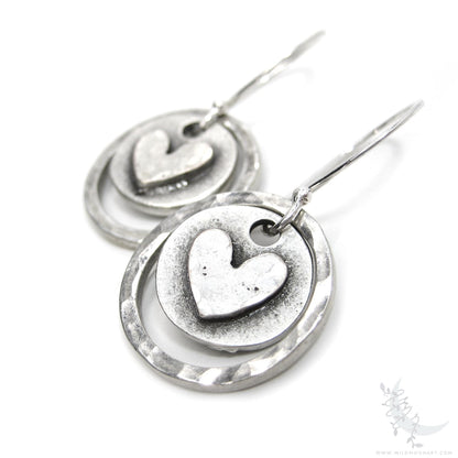 Heart Earrings · Hand Hammered Sterling Silver Rustic Valentine Dangle Earrings