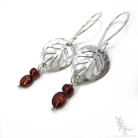 Garnet Leaf Earrings, Sterling Silver Hammered Dangle Earrings