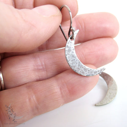 Silver Moon Earrings · Sterling Silver Handmade Hammered Crescent Moon Dangle Earrings