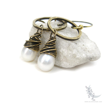 Pearl Earrings · Freshwater Pearl & Hand Hammered Brass Dangle Earrings