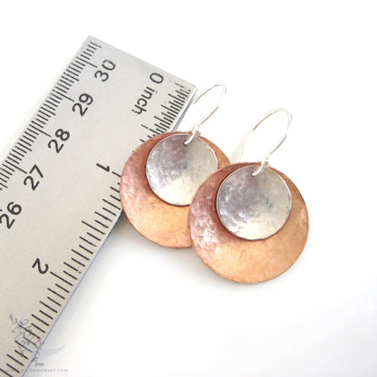 Mixed Metal Copper & Sterling Silver Earrings · Hand Hammered Coin Dangle Earrings (lg)