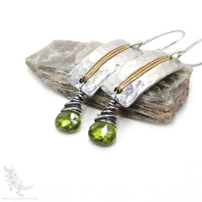 Peridot Earrings · Hammered Sterling Silver & Brass Mixed Metal Dangle Earrings