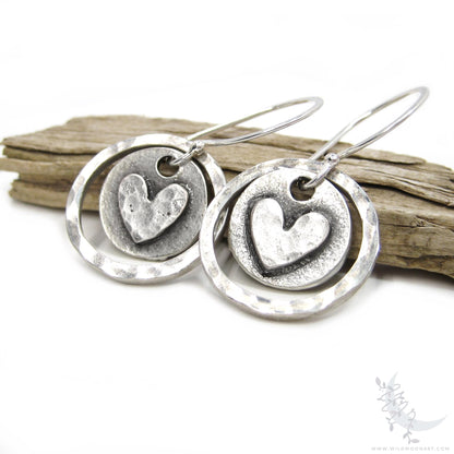 Heart Earrings · Hand Hammered Sterling Silver Rustic Valentine Dangle Earrings