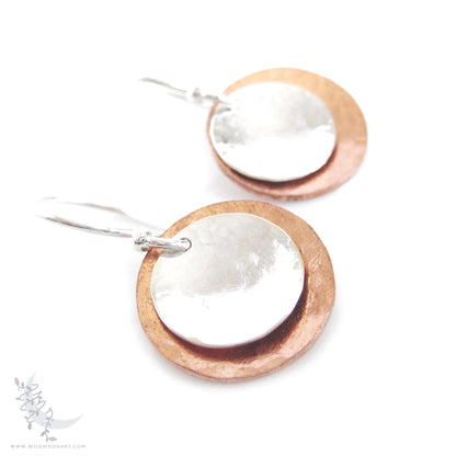 Mixed Metal Copper & Sterling Silver Earrings · Hand Hammered Coin Dangle Earrings (s)
