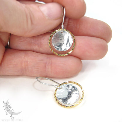 Silver & Gold Earrings · Mixed Metal Hammered Dangle Earrings