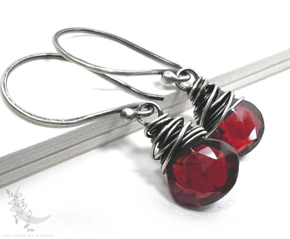 Dainty Garnet Earrings · Sterling Silver Dangle Earrings