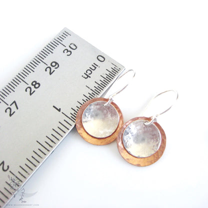 Mixed Metal Copper & Sterling Silver Earrings · Hand Hammered Coin Dangle Earrings (s)