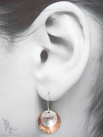 Mixed Metal Copper & Sterling Silver Earrings · Hand Hammered Coin Dangle Earrings (m)
